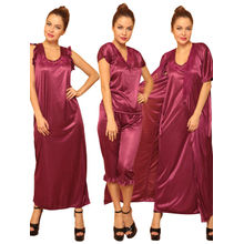 Clovia 4 Pcs SatIn Nightwear In WIne - Robe, Nightie, Top, Capri (Onesize)
