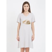 SOIE Womens Cat Printed Knee Length Nightdress - Grey