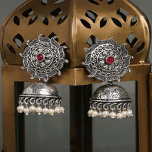 Fabula German Oxidised Silver With Maroon Stone & Pearls Sun Design Ethnic Large Jhumka Earrings
