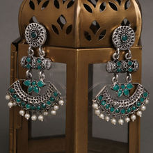 Fabula German Oxidised Silver With Green Stone With Pearls Peacock Design Ethnic Drop Earrings