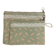 Bag of Small Things Fabric Multipurpose Green Feather Travel Pouch - Set of 2