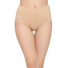 Clovia Cotton High Waist Hipster Panty With Lace Panel - Nude