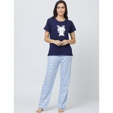 Velure Navy Blue Printed Cotton Sinker Top & Pyjama Set For Women