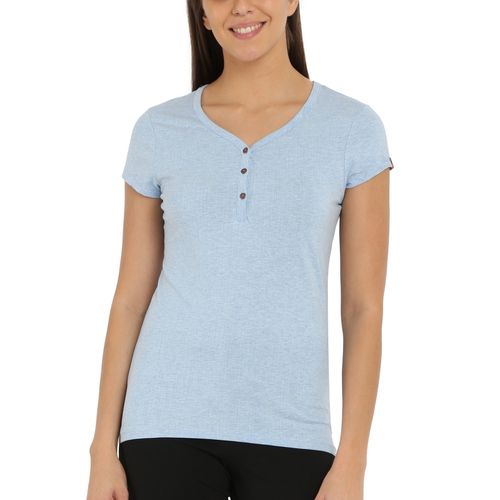 Jockey UL03 Women Cotton Elastane Solid V Neck T-Shirt Sky Blue Melange  (S)