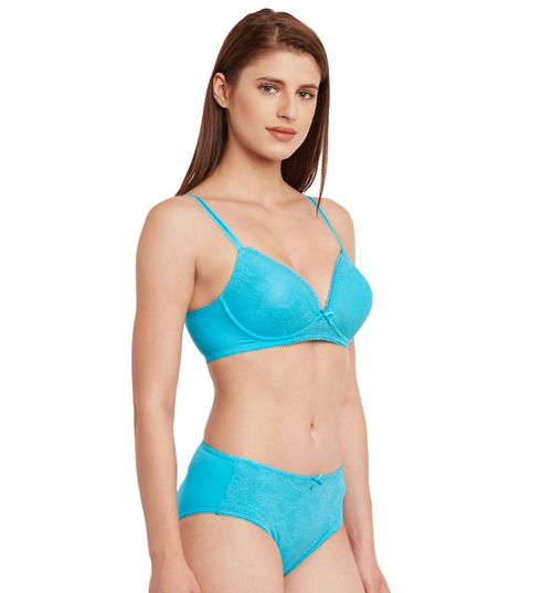 Buy Secrett Curves Body Caress Wire Free Lace Padded T Shirt Bra Panty Set  - Blue (38C) Online