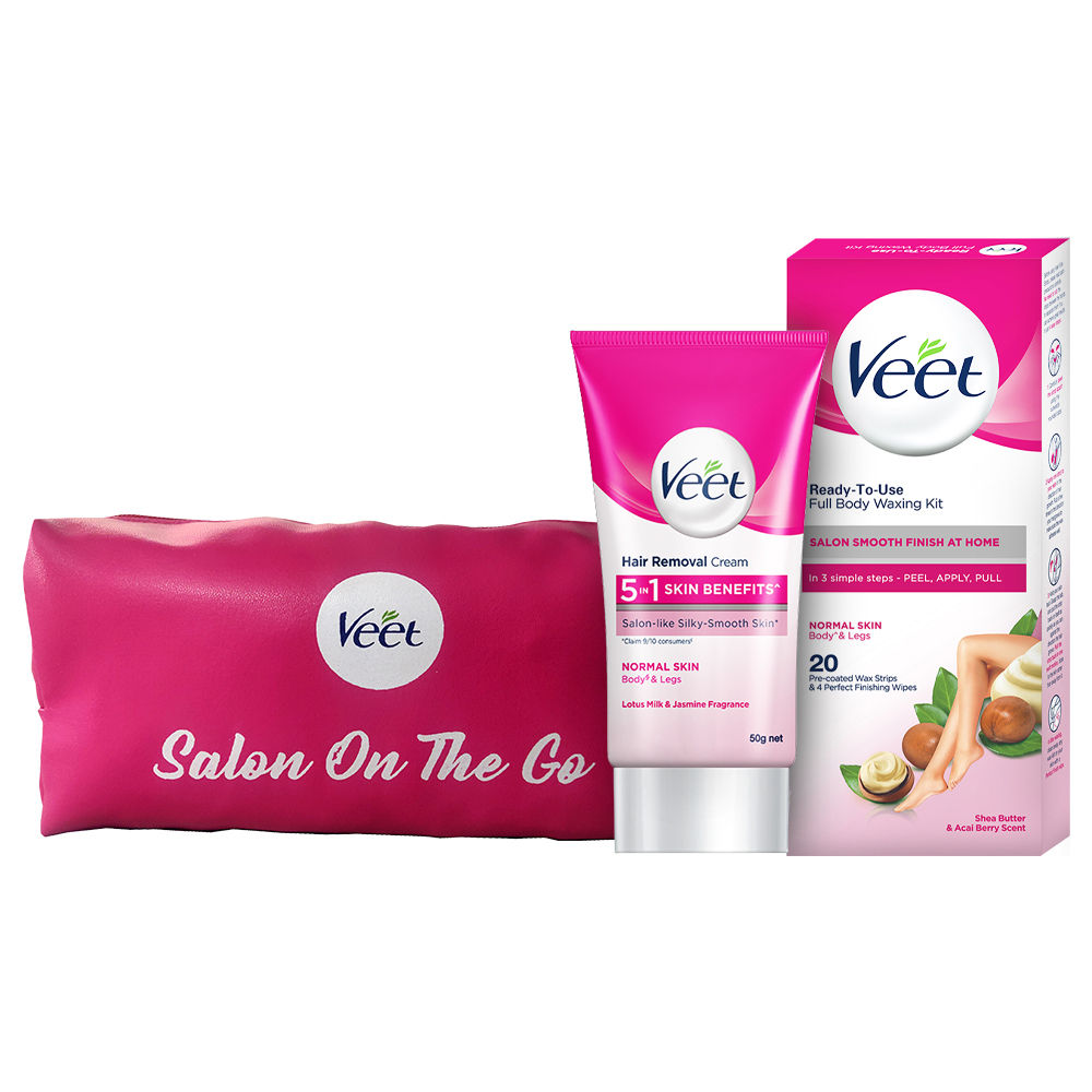 Veet Hair Removal Cream Normal Skin & Waxing Kit with Free Go Pouch